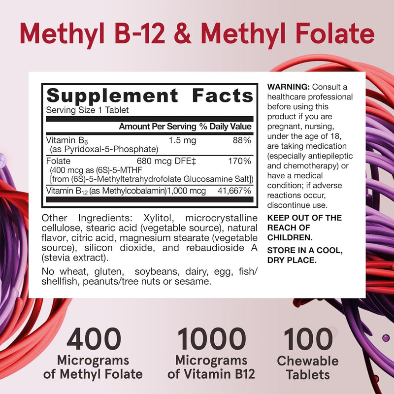 Methyl B-12 & Methyl Folate (Lemon Flavor) - 100 Chewable Tablets | Jarrow Formulas